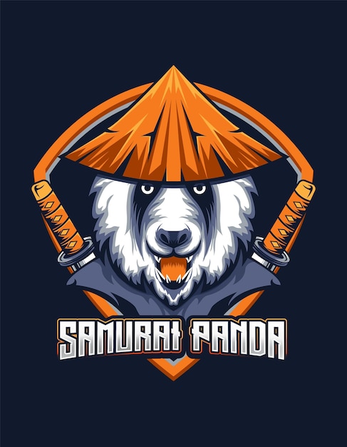 Mascota de samurai panda con sombrero de paja y espada para diseño de vector de logotipo de juego de esport