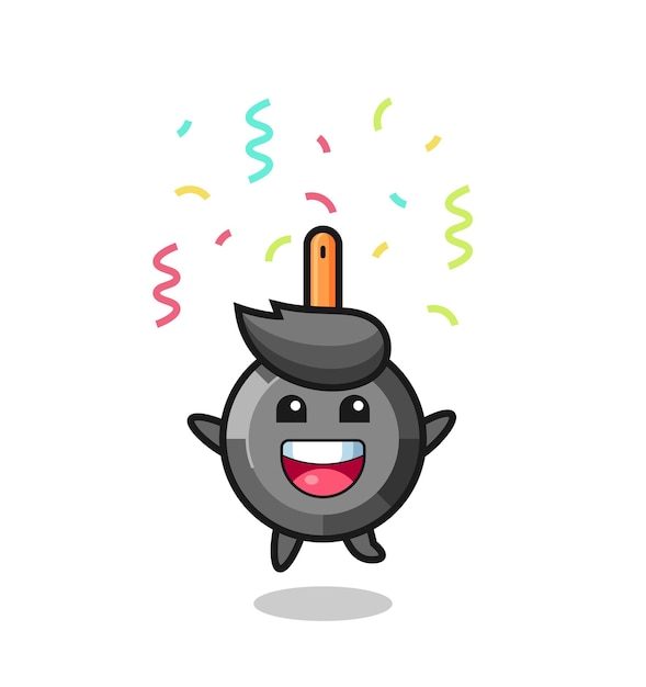 Mascota de sartén feliz saltando para felicitaciones con confeti de color