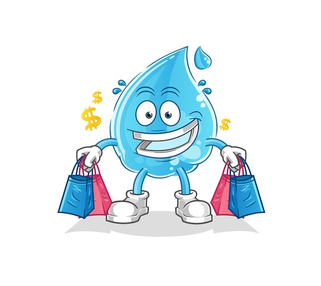 Mascota de shoping de gota de agua. vector de dibujos animados