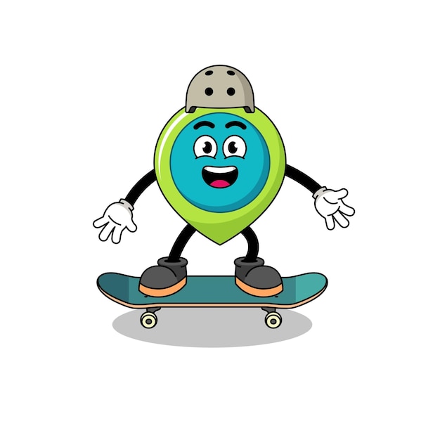 Mascota del símbolo de ubicación jugando una patineta