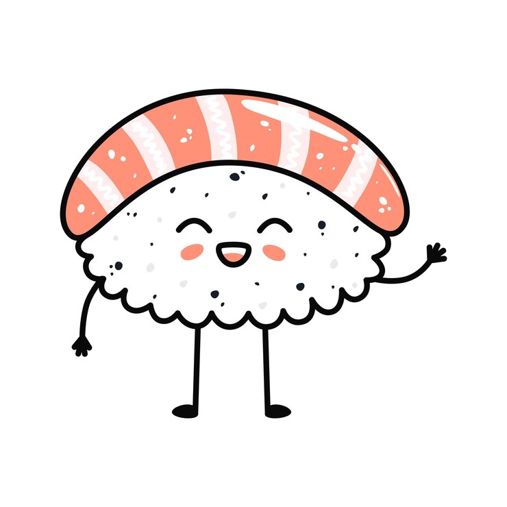 Vector mascota de sushi kawaii en estilo de dibujos animados lindo nigiri con salmón para el menú