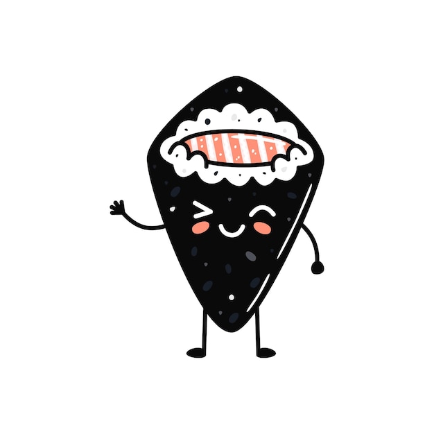 Mascota de sushi kawaii en estilo de dibujos animados Lindo temaki con salmón para el menú