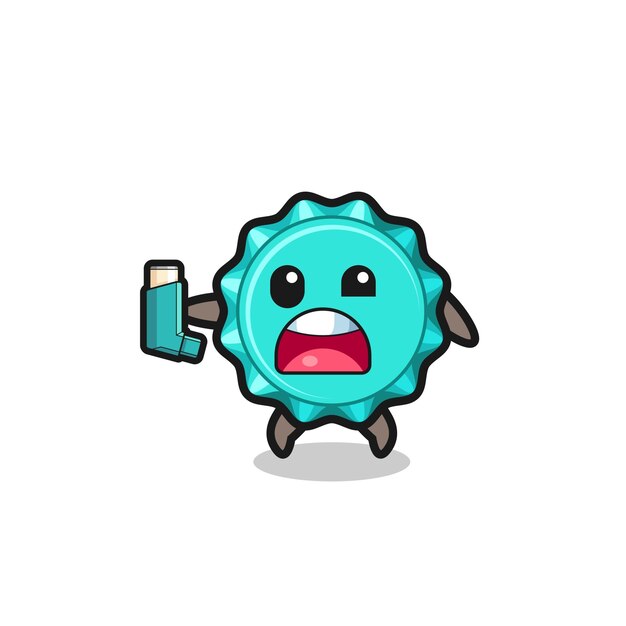 La mascota de la tapa de la botella tiene asma mientras sostiene el lindo diseño del inhalador