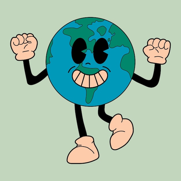 Mascota de la Tierra retro Lindo personaje en estilo de dibujos animados retro de moda de los años 60 y 70 Vector dibujado a mano