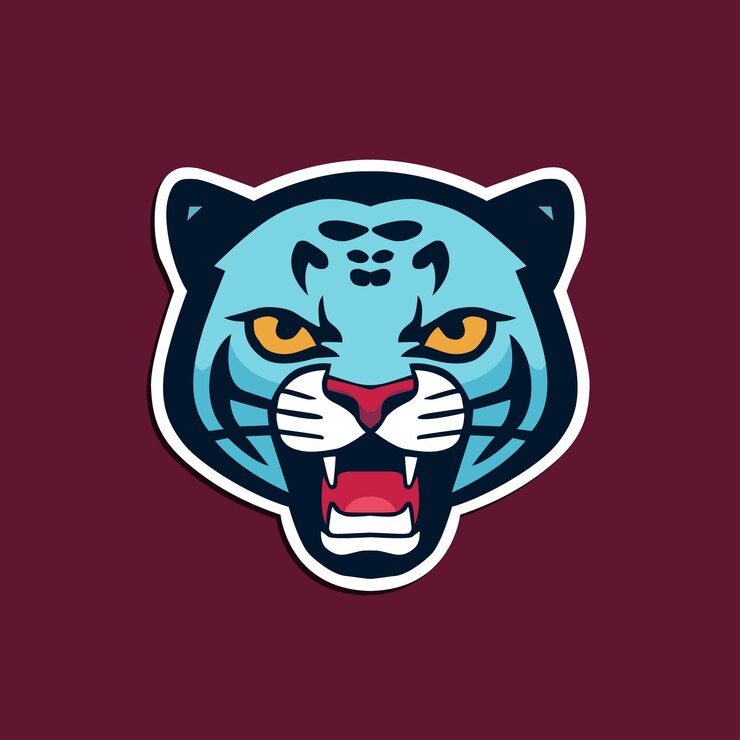 Una mascota de tigre azul con fondo rojo.