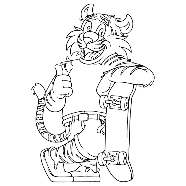 mascota de tigre de dibujos animados con patineta para colorear ilustración