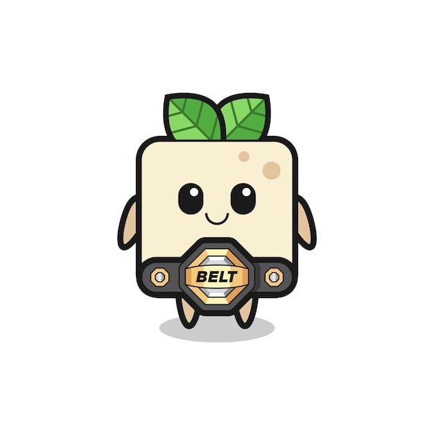 La mascota de tofu de luchador de mma con un cinturón, diseño de estilo lindo para camiseta, pegatina, elemento de logotipo