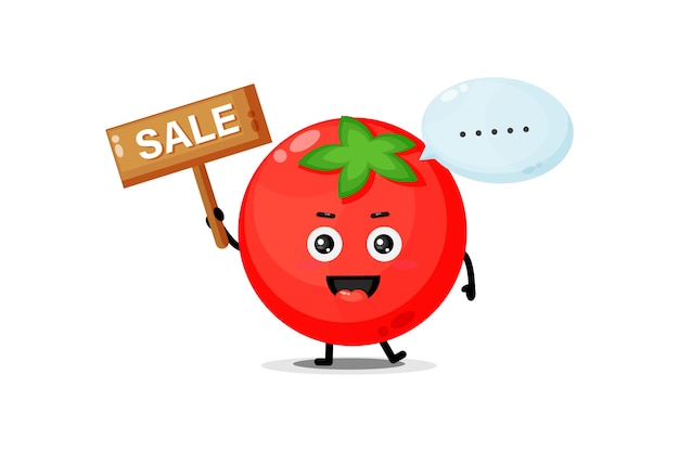 Mascota de tomate lindo con el cartel de ventas