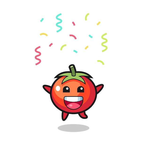 Mascota de tomates felices saltando de felicitación con confeti de color