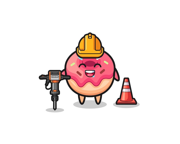 Mascota de trabajador de carretera de donut con diseño lindo de máquina perforadora