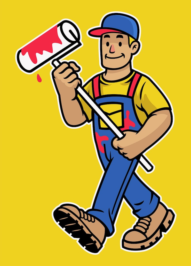 Vector mascota de trabajador pintor de pared feliz de dibujos animados