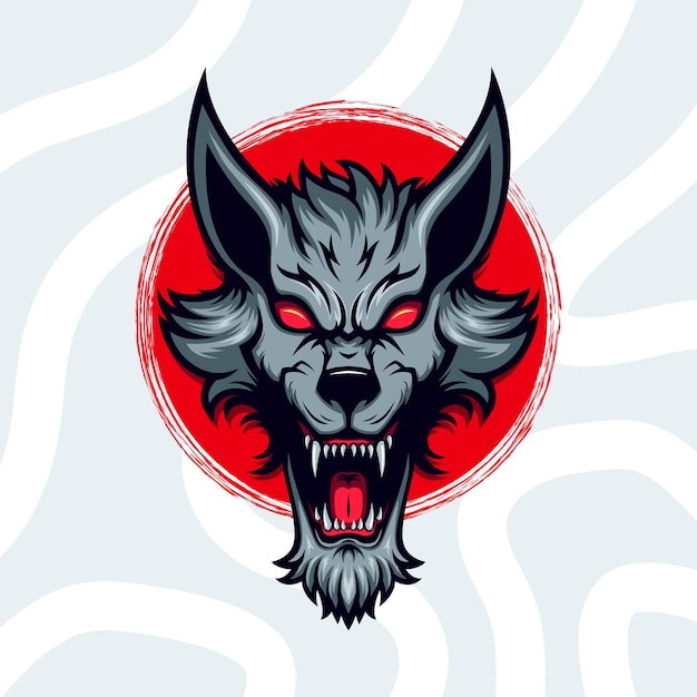 Mascota de vector de cabeza de lobo gris de ojos rojos enojado