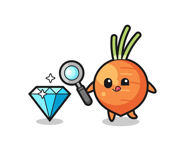 La mascota de zanahoria está comprobando la autenticidad de un diamante, diseño de estilo lindo para camiseta, pegatina, elemento de logotipo