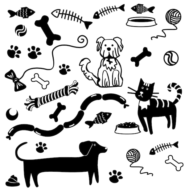 Vector mascotas dibujadas a mano en blanco y negro