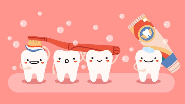 Vector mascotas dientes felices con cepillo de dientes y pasta de dientes