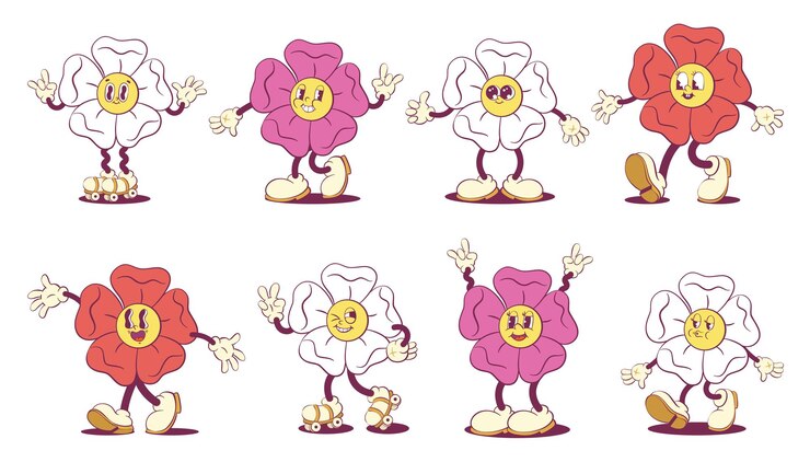 Vector las mascotas de las flores de dibujos animados retro groovy