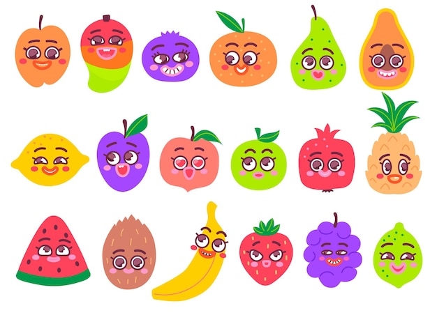 Mascotas de frutas de dibujos animados Bayas y frutas dulces divertidas con caras lindas y expresiones faciales felices Personajes de comida saludable para niños conjuntos de ilustraciones vectoriales lúdicas aisladas