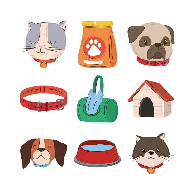 Vector mascotas, gato perro collar agua casa comida y bolsas conjunto de iconos ilustración de estilo plano