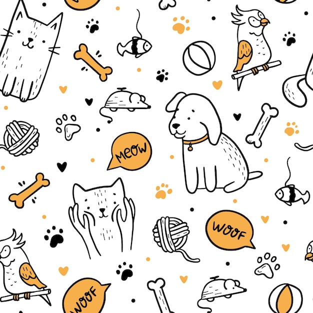 Mascotas gatos y perros de patrones sin fisuras en estilo doodle