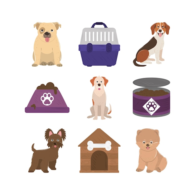 Vector mascotas, perros, comida enlatada, tazón de fuente, jaula, y, casa, iconos