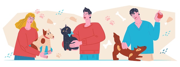 Mascotas y personas en el telón de fondo de color Banner con mascotas y propietarios para la adopción de animales en clínicas veterinarias