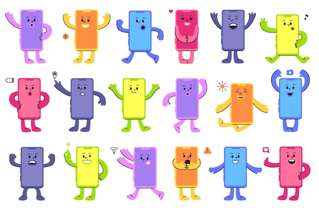 Mascotas de teléfonos móviles de dibujos animados bonitas personajes de teléfonos inteligentes con varias expresiones faciales y poses de acción juegos de ilustraciones vectoriales de teléfonos coloridos