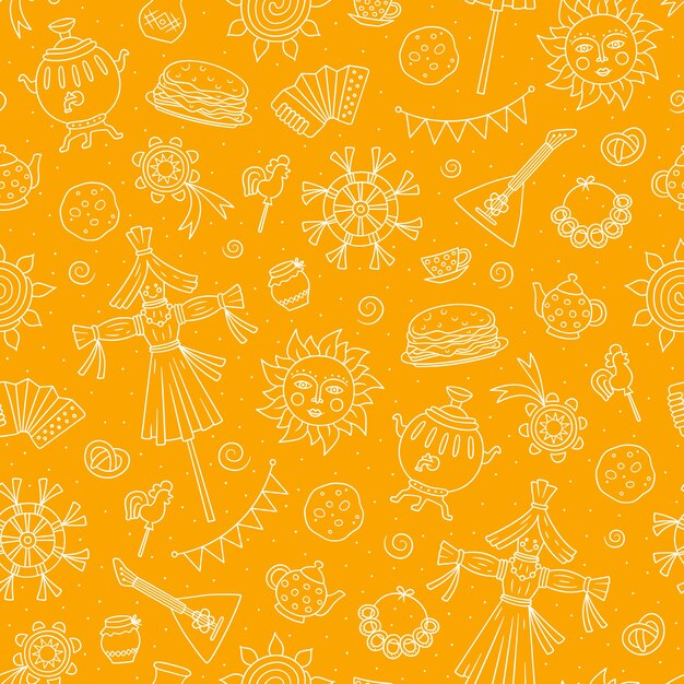 Maslenitsa Pancake week elementos panqueque samovar dulces balalaika sol espantapájaros