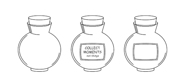 Mason jar Recoge momentos, no cosas Frasco redondo con un corcho para enlatar Un frasco vacío con una etiqueta en blanco Ilustración vectorial sobre fondo blanco
