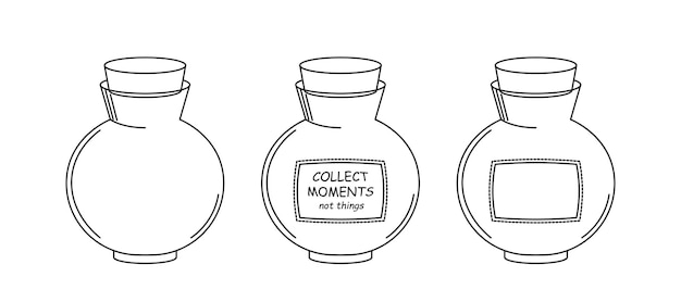 Mason jar Recoge momentos, no cosas Frasco redondo con un corcho para enlatar Un frasco vacío con una etiqueta en blanco Ilustración vectorial sobre fondo blanco