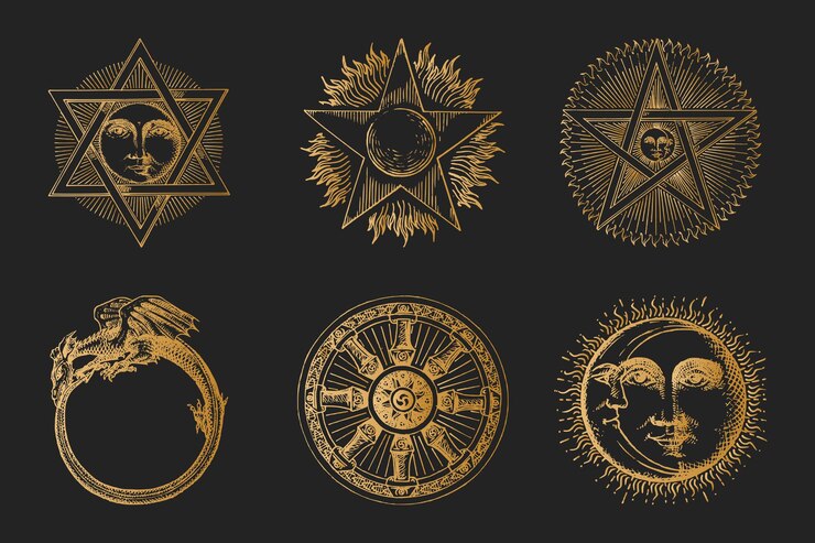 Vector masonería y símbolos místicos, bocetos dibujados. conjunto de ilustraciones vectoriales en estilo grabado. pastiche vintage de signos esotéricos y ocultos.