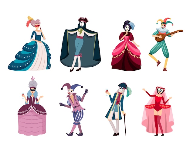 Vector masquerade personas felices personajes masculinos y femeninos en trajes de moda caras enmascaradas vestidos y pantalones disfraces para baile vector príncipe reina y princesa