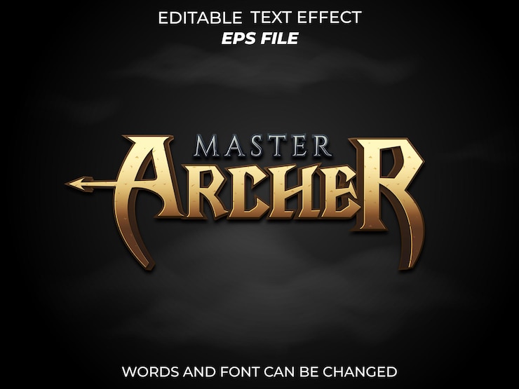 Vector master archer efecto de texto fuente tipografía editable texto 3d para el juego de insignias