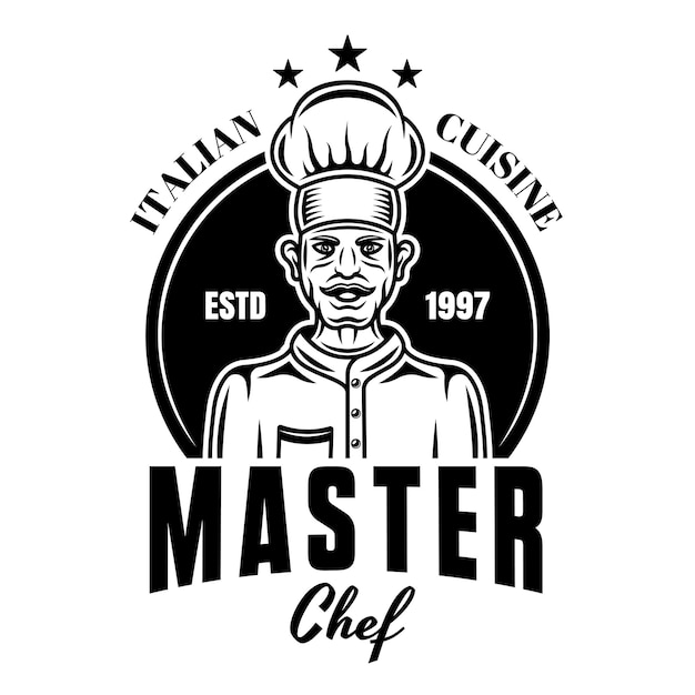Master chef vector cocina emblema insignia etiqueta o logotipo en estilo monocromo vintage aislado sobre fondo blanco