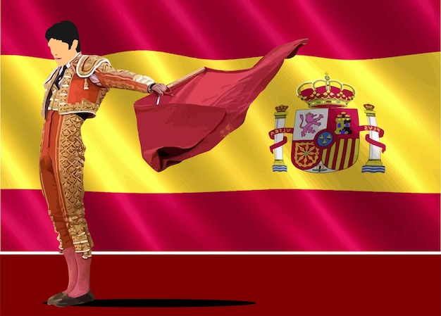 Vector matador con capa en el fondo de la bandera española ilustración vectorial de corridas de toros