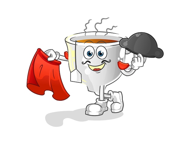 Matador de taza de té con ilustración de paño rojo. vector de personaje