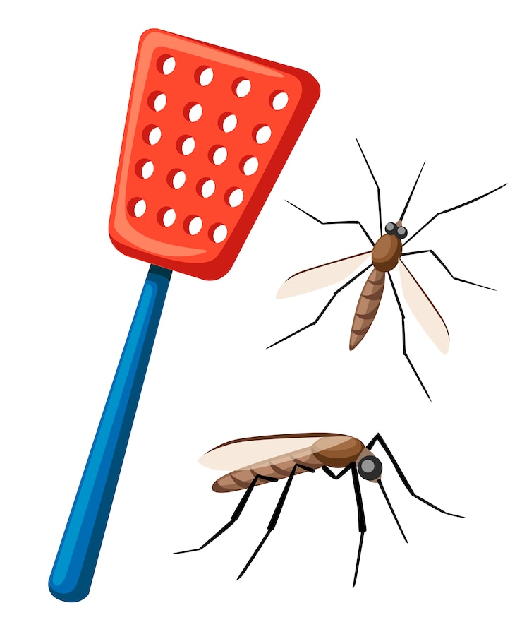 Vector matamoscas con mosquitos. herramienta para la destrucción de insectos en casa. matador rojo con mango azul. ilustración plana aislada sobre fondo blanco.