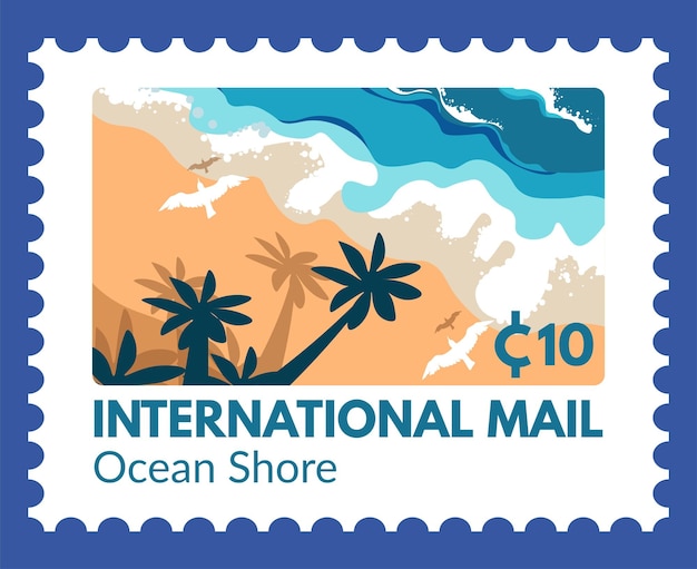 Vector matasellos de la costa del océano de correo internacional con mar