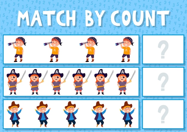 Match by count Niños aprendiendo material numérico Juego educativo para niños en edad preescolar con diferentes temas Ilustración vectorial de dibujos animados Piratas diferentes