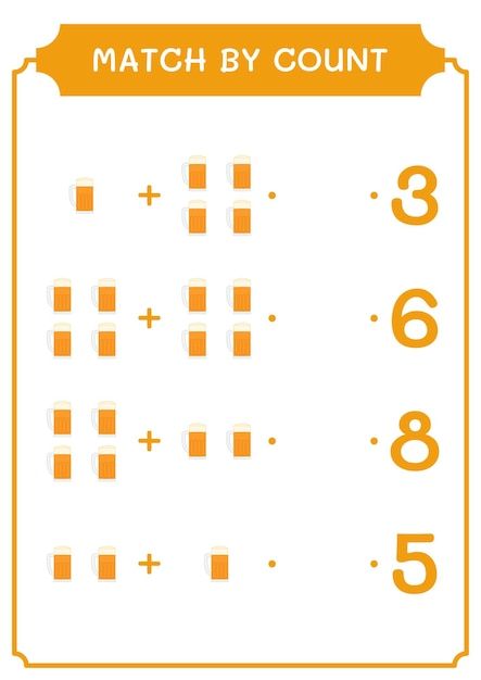 Match by count of Beer juego para niños Hoja de trabajo imprimible de ilustración vectorial