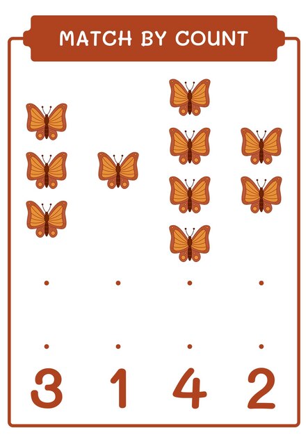 Match by count of Butterfly game for children Hoja de trabajo imprimible de ilustración vectorial