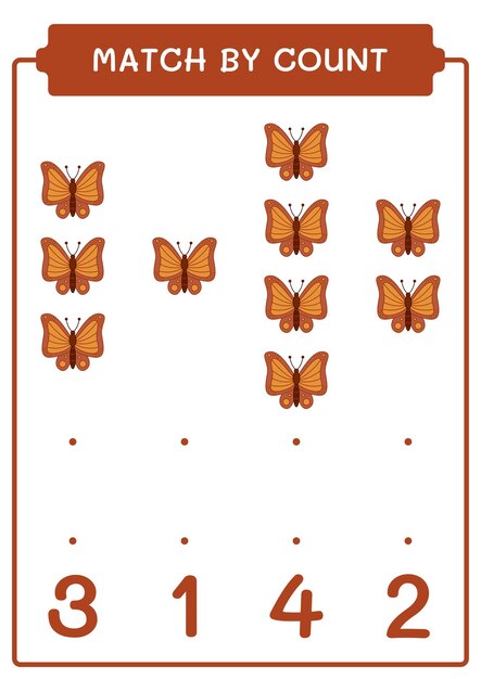 Match by count of butterfly game for children hoja de trabajo imprimible de ilustración vectorial