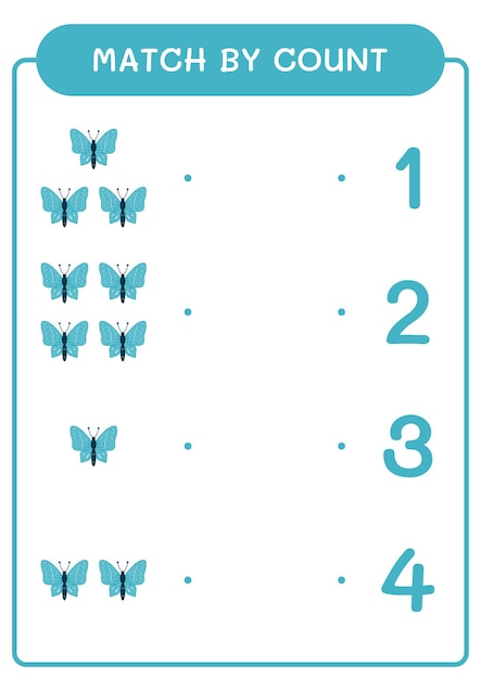 Match by count of butterfly game for children hoja de trabajo imprimible de ilustración vectorial