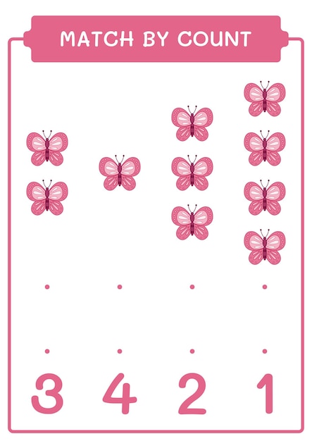 Match by count of Butterfly game for children Hoja de trabajo imprimible de ilustración vectorial