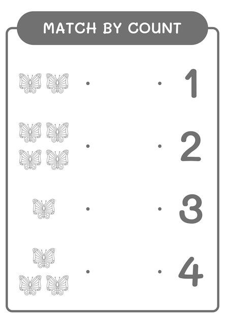 Match by count of Butterfly game for children Hoja de trabajo imprimible de ilustración vectorial