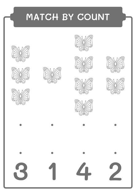 Match by count of Butterfly game for children Hoja de trabajo imprimible de ilustración vectorial