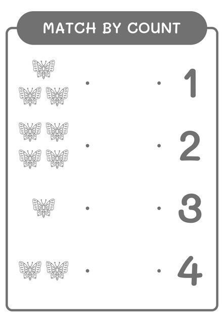 Match by count of Butterfly game for children Hoja de trabajo imprimible de ilustración vectorial
