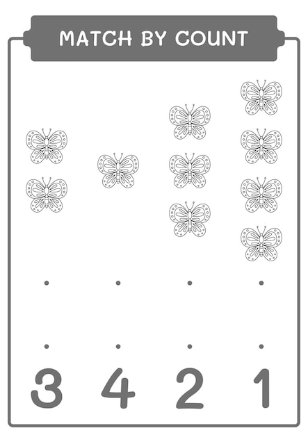 Match by count of Butterfly game for children Hoja de trabajo imprimible de ilustración vectorial
