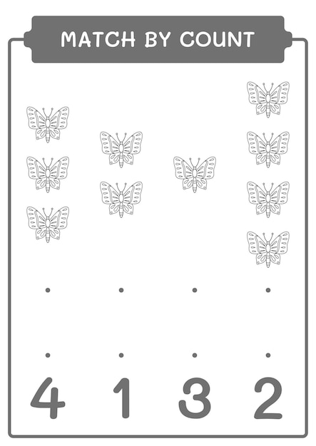 Match by count of Butterfly game for children Hoja de trabajo imprimible de ilustración vectorial