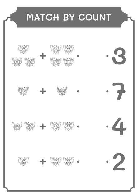Match by count of Butterfly game for children Hoja de trabajo imprimible de ilustración vectorial