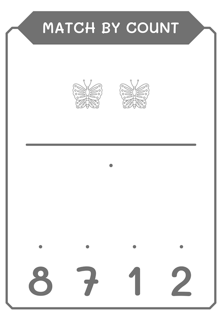 Match by count of butterfly game for children hoja de trabajo imprimible de ilustración vectorial